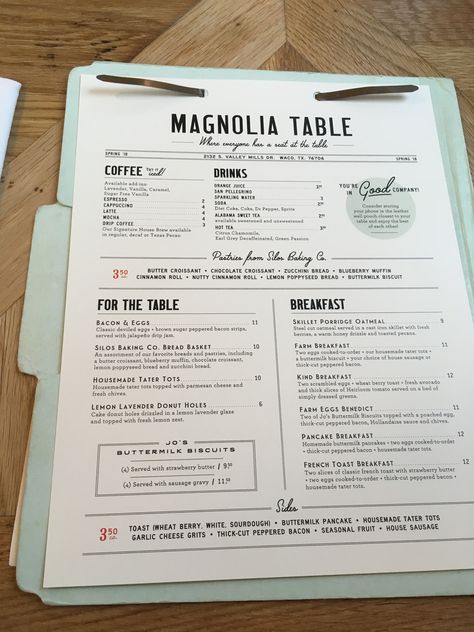 Magnolia table menu #fixerupper Brunch Menu Restaurant, Brunch Menu Design Ideas, High End Restaurant Menu Design, Food Menu Design Ideas Layout, Menu Restaurant Ideas, Menu On Table, Brunch Cafe Menu, Menu Ideas Design, Menu Ideas Restaurant