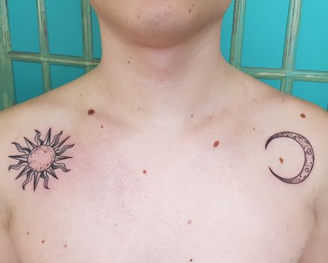 Sun And Moon Tattoo Matching Shoulder, Moon And Sun Tattoo Shoulder, Sun Moon Collar Bone Tattoo, Collar Bone Tattoo Sun And Moon, Sun And Moon On Shoulder Tattoo, Sun And Moon Tattoo Aesthetic, Sun And Moon Tatoos No Face, Shoulder Tattoo Sun And Moon, Greek Moon Tattoo