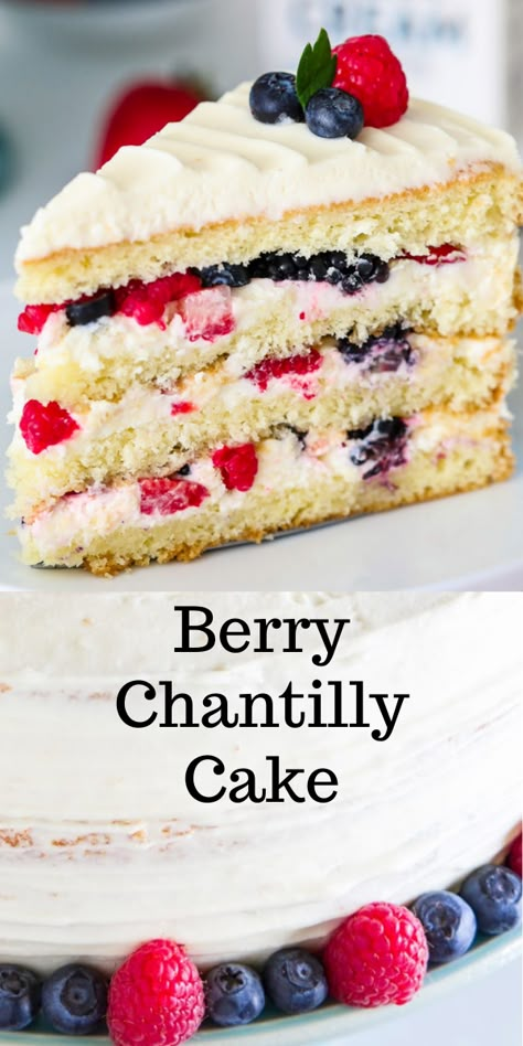 Whole Foods Chantilly Cake, Berry Chantilly Cake Recipe, Chantilly Frosting, Fresh Berries Cake, Fluffy White Cake, Chantilly Cake Recipe, Berry Cake Recipe, Blueberry And Strawberry, Berries Cake