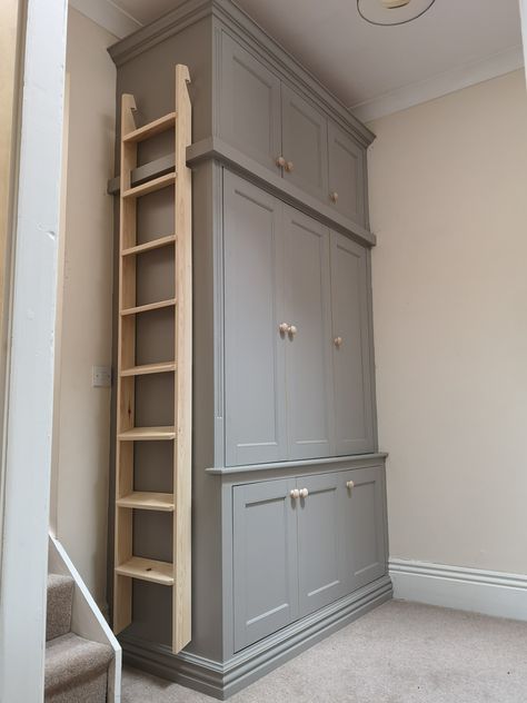 Tall Ladder Storage, Storage With Ladder, Tall Ceiling Storage Ideas, Built In Wardrobe With Ladder, Tall Laundry Cabinet, Ladder Cupboard, Utility Closet Makeover, Wardrobe With Ladder, High Ceiling Storage