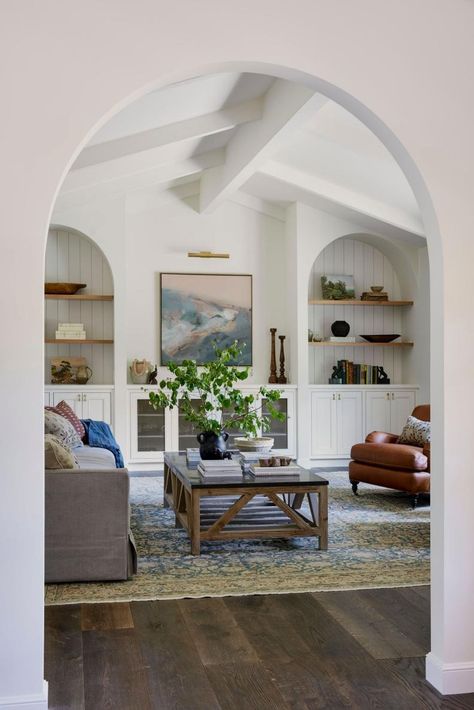 Neutral Living Room With Arched Built-Ins Arched Built Ins Living Room, Arched Built Ins, Built Ins Living Room, Cozy Vintage Bedroom, Coastal Apartment Decor, Modern Transitional Farmhouse, Apartment Living Rooms, Coastal Apartment, Boho Style Room