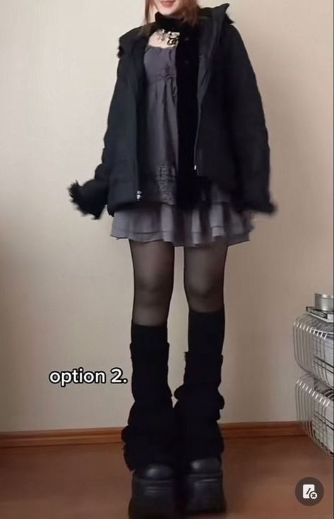 Casual Demonia Outfit, Wintercore Outfits Black, Horror Protagonist Outfit Aesthetic, Opaque Black Tights Outfits, Horror Style Outfits, Oversized Goth Outfits, Minimalist Goth Outfit, Mothcore Outfits, Gloomy Aesthetic Outfit