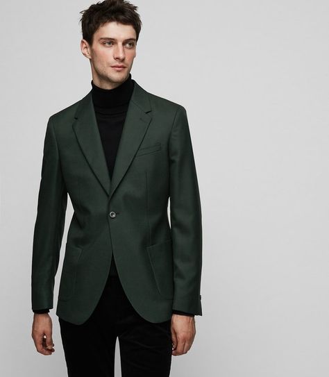 Reiss Rage Slim Wool Blazer Olive Green Blazer Outfit Men, Dark Green Blazer Outfit Men, Dark Green Blazer Outfit, Green Blazer Outfit Men, Olive Green Blazer Outfit, Blazer Men Outfit, Green Blazer Outfit, Dark Green Blazer, Wool Blazer Mens