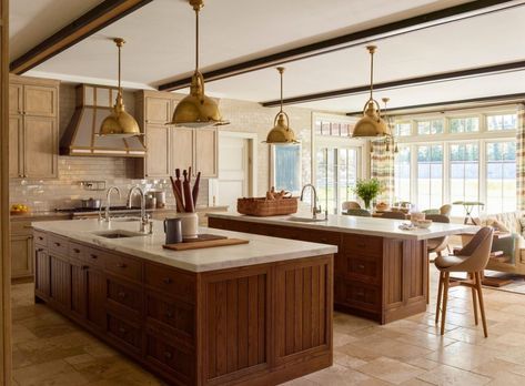 Kitchen Island Decorating Ideas, Kitchen Island Decor Ideas, Tudor Kitchen, Double Island Kitchen, Double Islands, Big Room, Kitchen Island Decor, Kitchen Counter Decor, Classic Kitchen