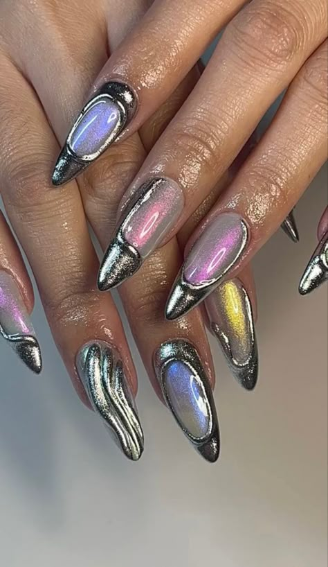 Purple Nails With Chrome, Chrome Aura Nails, French Chrome Nails, Cats Eye Nails, Nails With Chrome, Aura Nails, Nails Y2k, Nails Inspired, Eye Nails