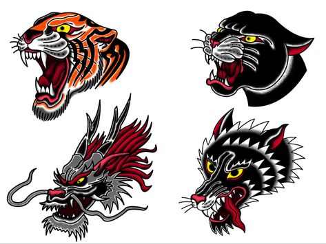 Tiger Panther Dragon and Wolf head American Traditional Tattoo Flash Animal Tattoos Traditional, Traditional Tattoo Ideas For Men, American Flash Tattoo, American Traditional Panther Tattoo, Old School Dragon Tattoo, American Traditional Animals, Traditional Tattoo Panther, American Traditional Tattoos Animal, Old School Tattoo Tiger