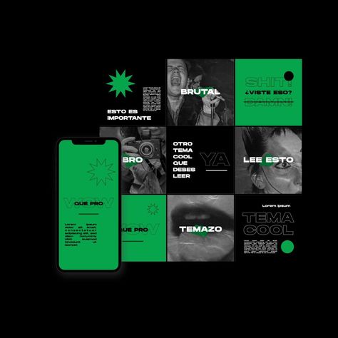 Instagram feed design containing 9 posts and a story. Brutalist aesthetic using bold typography, black and white documentary images and colors like black, green and white. Instagram Feed Design, Cv Inspiration, Instagram Graphic Design, Instagram Branding Design, Social Media Branding Design, Design Proposal, Instagram Advertising, Graphic Design Agency, Instagram Graphic