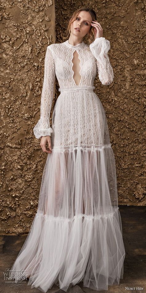 nurit hen 2018 bridal long sleeves high jewel neck keyhole neckline full embellishment bohemian soft a  line wedding dress covered lace back sweep train (9) mv -- Nurit Hen 2018 Wedding Dresses Plunging Neckline Wedding Dress, Wedding Dress Cover, Wedding Dresses 2018, Trendy Wedding Dresses, Bohemian Wedding Dress, Bohemian Wedding Dresses, Beauty Dress, Dresses Lace, Lace Wedding Dress