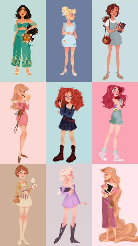 Disney Princesses Modern Outfits, Disney Princesses Fanart Modern, Modern Disney Princess Drawings, Disney Princess Fan Art Modern, Modern Disney Princess Aesthetic, Disney Princess Modern Outfits, Disney Princesses Fanart, Modern Princess Aesthetic Outfit, Disney Princess Fanart