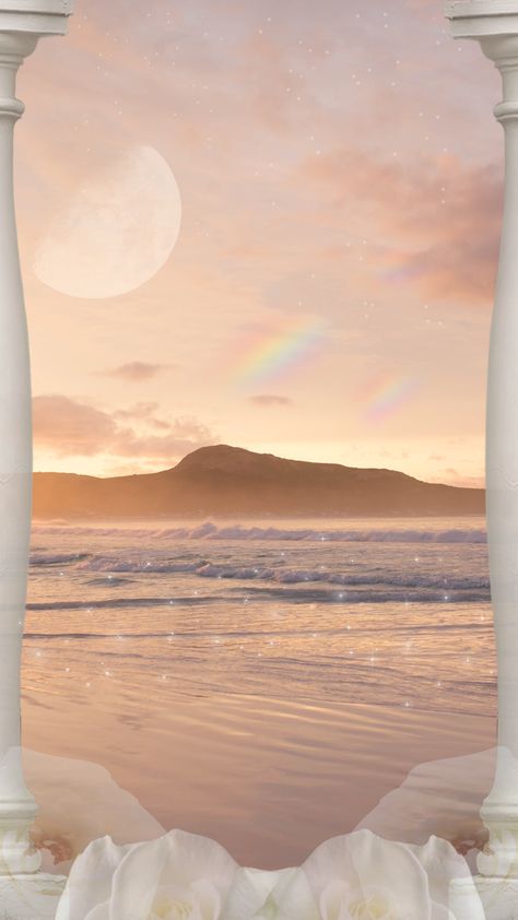 A beautiful landscape of a soft pink beach. The sparkling waters are crashing onto the shore, and the moon is high in the sky. There are white marble pillars and a bed of roses on the shore. Soft Moon Wallpaper, Higher Self Wallpaper, Self Wallpaper, Moon Ocean, Sacred Water, Moon Beach, Spiritual Wallpaper, Higher Self, Soft Waves