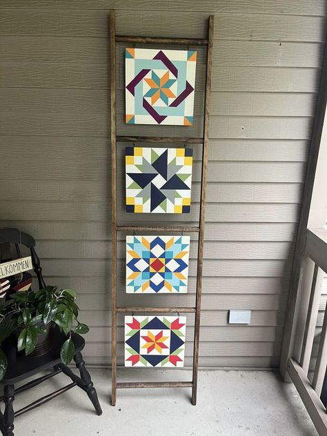 Barn Quilt Addicts | Two ladders with 12” blocks are finished | Facebook Painting Quilt Squares On Canvas, Barn Quilt Ladder, Fall Barn Quilts Patterns, Fall Barn Quilt Patterns, Painting A Quilt Pattern On Wood, Jacob’s Ladder Quilt Block Pattern, Barn Quilt Pattern Fabric For Wall Hanging, Quilt Decor, Quilt Ladder