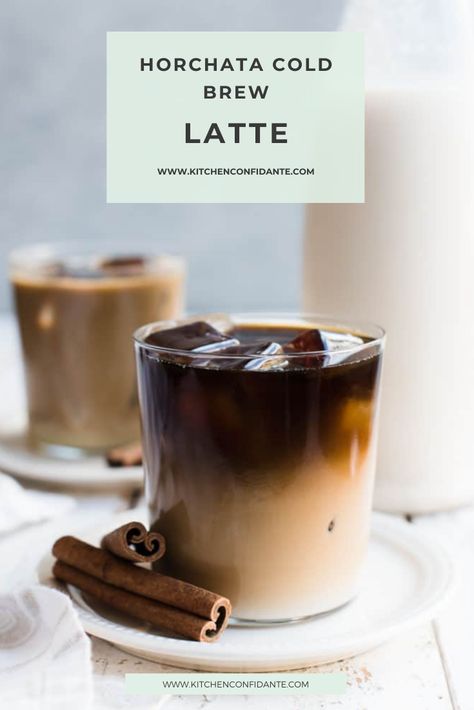 Treat yourself to a glass of Horchata Cold Brew Latte. #latte #horchatalatte #horchatadrink #delicious | kitchenconfidante.com @kitchconfidante Horchata Latte Recipe, Horchata Latte, Horchata Drink, Homemade Horchata, Homemade Coffee Drinks, Horchata Recipe, Cold Brew Recipe, Cold Brew Iced Coffee, Coffee Truck