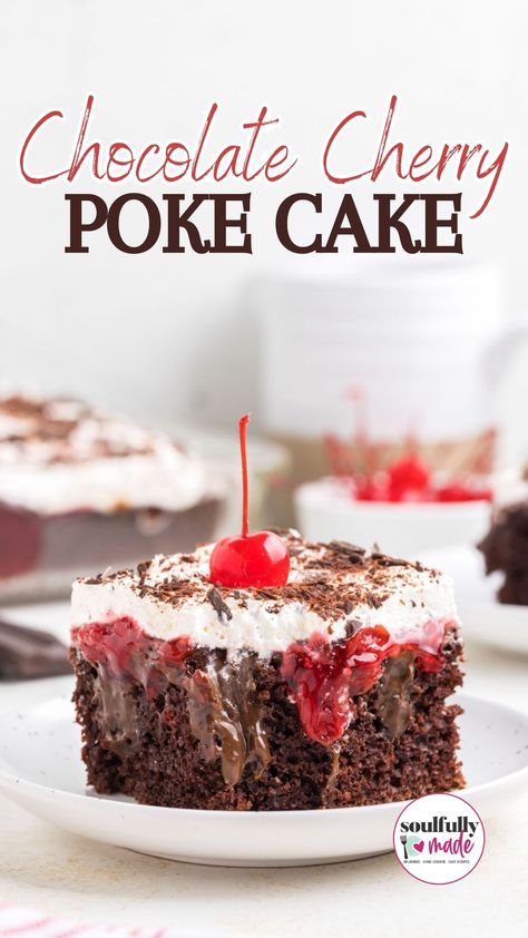 This Black Forest Poke Cake is filled with decadent layers of chocolate cake, silky chocolate pudding, tart cherry pie filling, and a creamy layer of whipped topping. With simple ingredients and effortless prep, this poke cake transforms a popular layer cake into quick and easy no-fuss deliciousness! Strawberry Fudge Poke Cake, Black Forest Cake From Box Cake, Poke Hole Cakes, Black Forest Poke Cake Recipe, Black Forest Sheet Cake, Blackforest Cake Recipes Easy, Black Forest Cake Recipe Easy, Thanksgiving Pies Recipes, Black Forest Dump Cake