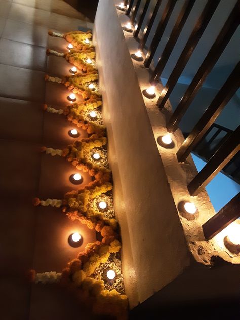 Marigold flowers Rangoli Diwali Pooja Setup, Rangoli With Flowers, Diwali Theme, Ganpati Decor, Bird Puppet, Pooja Decor, Home Flower Decor, Entrance Decoration, Balcony Decoration