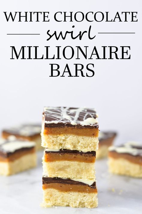 White Chocolate Swirl Millionaire Bars | A Taste of Madness Millionaire Bars, Chocolate Swirl, Favorite Dessert Recipes, Melting Chocolate Chips, Chocolate Topping, Spring Recipes, Cookies Ingredients, White Chocolate Chips, Dessert Recipe