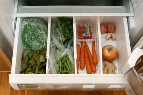 Via EnjoOrganize the vegetable compartment with drawer organizers.y this Beautiful Day Vegetable Bin, Fridge Drawers, Best Hacks, Clean Fridge, Refrigerator Drawers, Fridge Storage, Refrigerator Organization, Refrigerator Storage, Fridge Organization