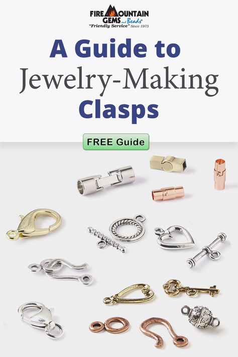 Clasps do much more than keep a piece of jewelry closed--they play a key role in jewelry designs. Find the right style for every DIY project, whether you are looking for a necklace clasp, bracelet clasp or anklet clasp, with this FREE clasp style guide and easy reference chart.  #FMGKnows #JewelryClasps Unique Jewelry Clasps, Different Jewelry, Beaded Pendants, Easy Reference, Necklace Clasp, Diy Jewelry Tutorials, Jewelry Board, Reference Chart, Lobster Claws