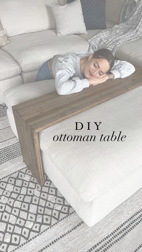 1.4M views · 10K reactions | Ottoman table with waterfall edge. I don’t have room for both a regular coffee table and ottoman. We use the ottoman all the time but I like the option to have a table too. . And it nests perfect behind the sofa under the consult table when we’re not using it. . Not bad, right?! . #diytable #livingroominterior #livingroomdecoration #fixerupper #builtnotbought | Tara Salas | The Crystal Casino Band · Waste My Time Sectional Slide Table, Ottoman With Sliding Table, Storage Bench As Coffee Table, Living Room With Ottoman And Coffee Table, Coffee Table Behind Couch, Ottoman Overlay Table, Sectional Slide Table Diy, Ottoman Wood Cover, Waterfall Edge Coffee Table