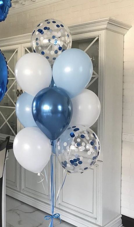 Blue And Gray Birthday Party Decor, White Blue Balloon Decor, Blue Silver White Birthday Theme, Ice Blue Birthday Theme, Sweet Sixteen Light Blue Theme, Blue And Silver Themed Birthday Party, Blue Gold White Birthday Theme, Blue Ballons Decoration Birthday Room, All Blue Birthday Party