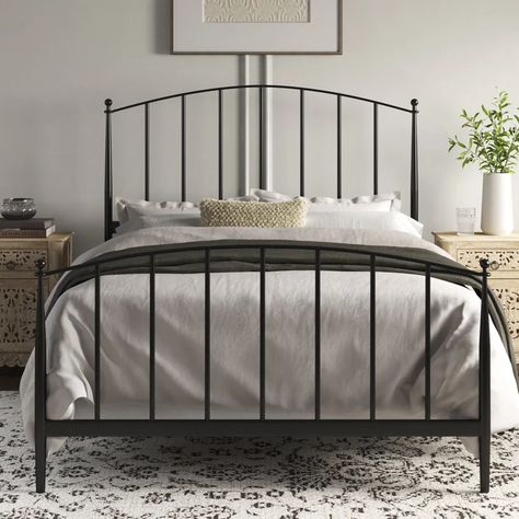 Kelly Clarkson Home Alexis Metal Headboard & Reviews | Wayfair Queen Metal Bed Frame, Nightstands With Black Iron Bed, Beautiful Metal Beds, Metal Headboard Bedroom Target, Metal Bed Frames Ideas, Wrought Iron Headboard Bedroom, King Metal Bed Frame Bedroom Ideas, Metal Bed Frame Aesthetic, Black Iron Bedframe