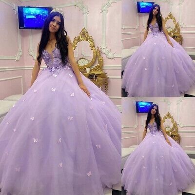 (eBay) Find many great new & used options and get the best deals for 3D Butterflies Purple Quinceanera Dresses V Neck Sweet 15 16 Party Ball Gowns at the best online prices at eBay! Free shipping for many products! Quinceanera Dresses Purple Lavender Butterfly, Royal Purple Quince Dresses, Enchanted Forest Quince Dress, Butterfly Quince Dress, Purple Sweet 16 Dresses, Purple Butterfly Dress, Purple Quinceanera Theme, Butterfly Quince, Dream Daughter