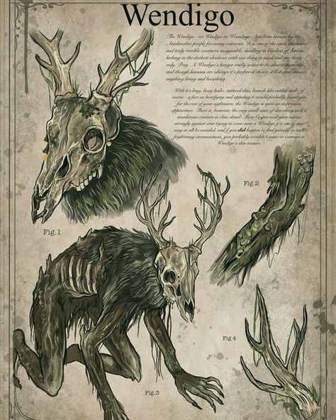 Urban Legend Creatures, Wendigo Art Drawing, Cryptid Reference, Horror Creatures Art, Cryptids Drawings, Cryptids Creatures Art, Mythology Creatures Art, Fantasy Creatures List, Monster Aesthetic Creature