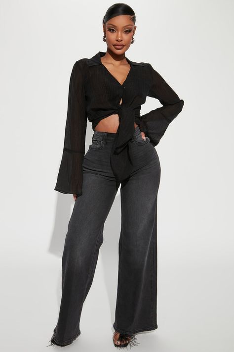 Available In White, Black, And Lime. Crinkle Blouse Top Button Front Collar Bell Sleeve Tie Front Long Sleeve Front Pocket 100% Polyester Imported | Stephania Blouse Top in Black size Small by Fashion Nova Fashion Nova Outfits Black Women, Black Wide Leg Jeans Outfit, Pants Plus Size Women, Jeans Trousers Women, Wide Leg Outfit, Black Wide Leg Jeans, Wide Leg Jeans Outfit, Time Well Spent, Fashion Top Outfits