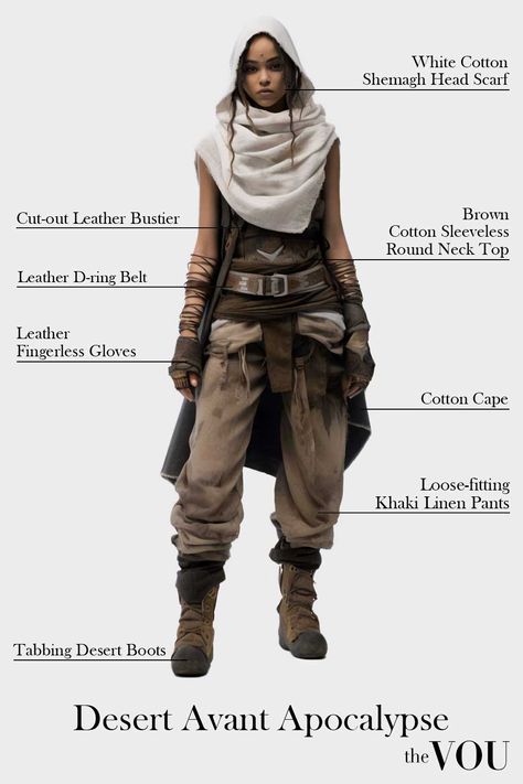 Waste Land Outfit, Post Apocalypse Aesthetic Fashion, Dune Style Clothing, Cold Apocalypse Outfit, Dystopian Punk Fashion, Desert Punk Fashion, Character Design Dystopian, Wasteland Aesthetic Outfit, Desert Apocalypse Outfit