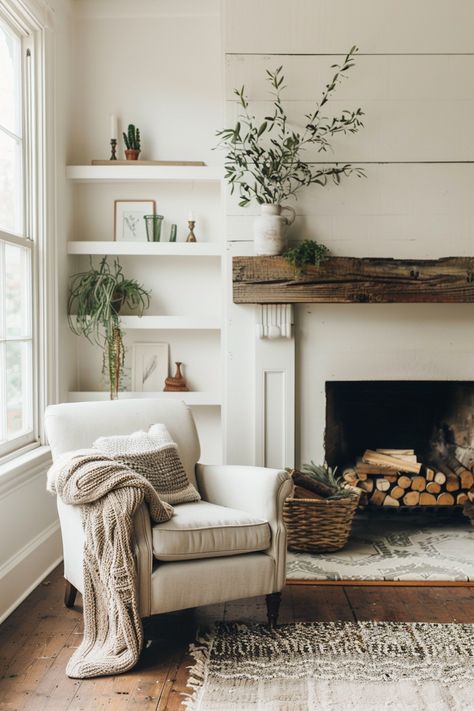 15 Stylish Shiplap Fireplace Ideas to Transform Your Living Space – Everyday Inspo Living Room With No Fireplace Ideas, Style White Fireplace, White Oak Shiplap Fireplace, Fireplace Bench Decor, Fireplace Makeover Short Ceiling, Small Fireplace Wall Ideas, Small House Fireplace Ideas, Rustic House Fireplace, Living Rooms With White Walls