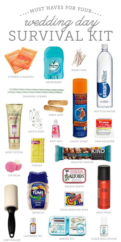 Wedding Day Survival Kit - http://thebudgetsavvybride.com/wedding-day-survival-kit/#_a5y_p=3894805 Bridesmaids Survival Kit Ideas, Bridesmaid Survival Kit Diy, Wedding Day Kit For Bridesmaids, Prom Survival Kit, Bride Bag Packing Ideas, Brides Maids Gift Bags, Wedding Day Survival Kit For Bridesmaids, Wedding Day Kit For Bride, Wedding Day Bag For Bride