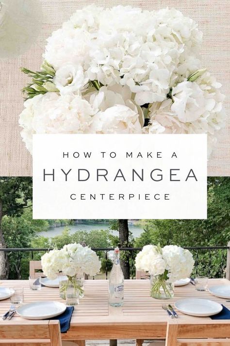 Easy White Flower Arrangements, Floral Arrangements Bridal Shower Diy, Simple White Hydrangea Centerpiece, Easy Flower Arrangements Diy Wedding, Hydrangea Centerpiece Diy Wedding, Casual Flower Arrangements, Bridal Shower Centerpiece Ideas Flowers, Wedding Centerpieces With Hydrangeas, Hydrangea And Rose Arrangement