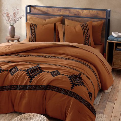 PRICES MAY VARY. Exquisite Embroidery Design: The farmhouse king size comforter set uses chain-stitching embroidery techniques to display 3D Boho western pattern with needle and thread, pairing with matching sheets, creates a classic farmhouse style in your bedroom.Due to the pre-washing process,the fabric naturally wrinkles,enhancing its tactile feel even further. Comforter Set Fabric: Our king size bedding is made of super soft pre-washed microfiber, the bedding king is ultra soft and fluffy u Burnt Orange Western Bedroom, Weatern Bedroom, Western Modern Bedroom, Ranch Style Bedroom, Burnt Orange Comforter, Bedding Embroidery, Burnt Orange Bedroom, Southwestern Bedroom, Farmhouse Western