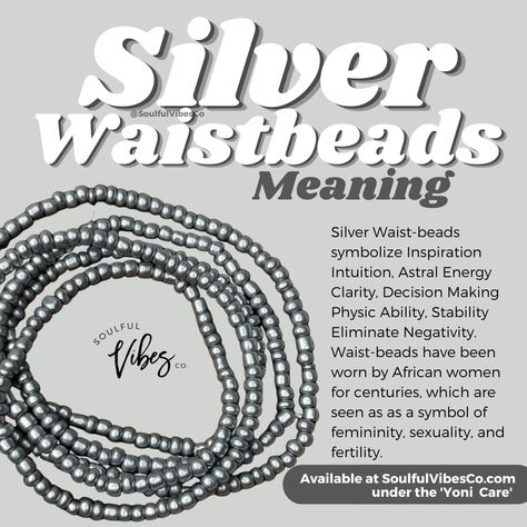 Silver Waistbeads meaning: Dignity, self-control, wisdom, emotional stability, responsibility, organization, Insight, female energy, cycles, rebirth, reincarnation, serenity, purity and joy. 🛍️Visit your favorite Black-Owned Spiritual, Metaphysical, and Holistic Shop ✊🏾 LINK IN BIO ⁠for all your spiritual tools ⚒️ ⁠ ⁠ #Svctribe #soulfulvibesco #waistbeads #selflove #feminine #feminineenergy #health #love #skincare #mindfulness #beauty #meditation #loveyourself #mentalhealth #motivation Waist Bead Meaning, Spiritual Style Waist Beads As A Gift, Waistbeads Meaning, Spiritual Style Waist Beads For Gift, Spiritual Waist Beads With Beaded Chain, Spiritual Tools, Body Healing, Color Meanings, Reiki Healing