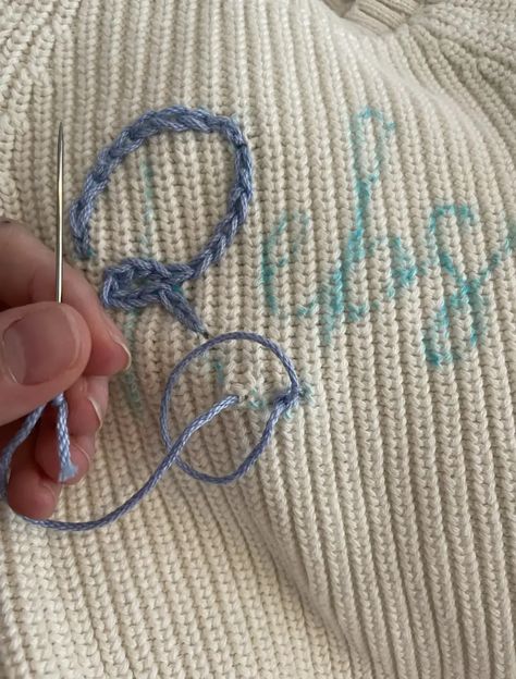 How To DIY a Hand Embroidered Name Sweater • Emily Rone Home Chunky Name Sweater Diy, Hand Embroider Name On Shirt Diy, How To Embroider A Name, Diy Hand Embroidered Sweater, Chain Stitch Name Sweater, Embroider Names Diy Hand Embroidery, Name Stitching Hand Embroidery, Sweatshirt Hand Embroidery Ideas, Letter Stitching Hand Embroidery