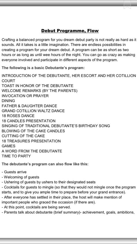 debut programme pt. 1 Debut Planning Checklist, 18th Birthday Debut Program Flow, Debut Theme Ideas Debut Theme Ideas 18th Simple, 18th Birthday Filipino Debut, Debut Preparation Checklist, Filipino Debut Invitation, Debut Checklist Filipino, Debut Activity Ideas, Simple Debut Invitation Ideas