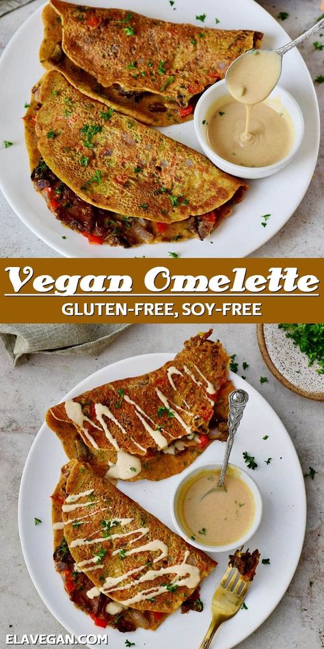 Enjoy a nutrient-dense, flavor-packed vegan omelette ('omelet') with vegetables using simple ingredients and 20 minutes! This recipe is dairy-free, egg-free, and even soy-free (no tofu) and can be served as a light breakfast, brunch, lunch, or dinner! Ella Vegan, Vegan Omelette, Omelette Recipe Easy, Omelets Recipe, Vegetarian Chicken, Light Breakfast, Vegan Brunch, Omelette Recipe, Vegan Eggs