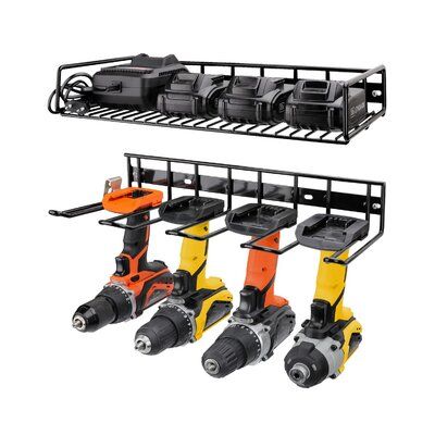 Power tool organizer drill storage rack helps you keep all your commonly used project tools neatly organized and within arm’s reach. Transform that mess workbench or wasted wall space into a compact & efficient power & hand tool storage and display area. | PEDIA Heavy Duty Power Tool Drill Rack Metal, Size 2.25 H x 17.0 W x 7.5 D in | Wayfair | Organization Tool Shelf, Power Tool Organizer, Power Tool Storage, Garage Tool Organization, Drill Holder, Garage Storage Shelves, Tool Organizers, Garage Storage Organization, Garage Tools