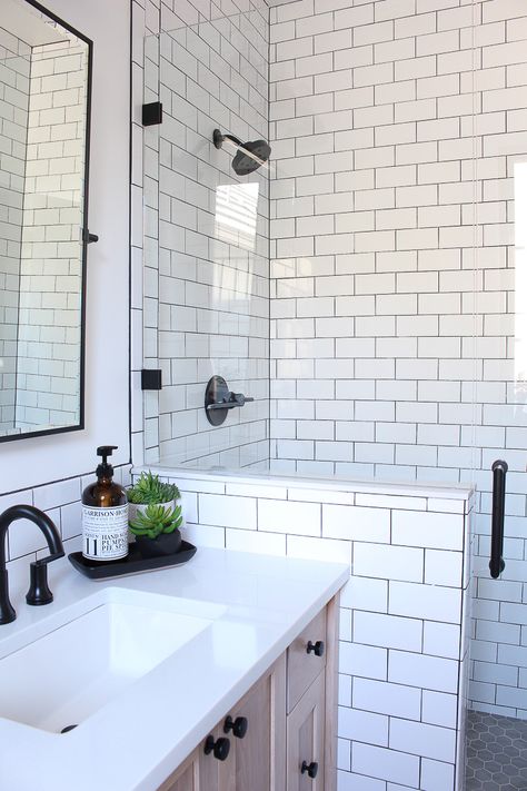 White Tiled Bathroom, Subway Tile Bathroom, White Subway Tile Bathroom, Tiled Bathroom, Subway Tile Showers, Shower Renovation, Black Grout, Subway Tiles Bathroom, White Bathroom Tiles