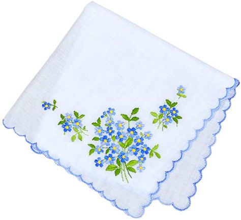 Handkerchief Aesthetic, Wedding Something Blue, Handkerchief Embroidery, Embroidered Hankies, Clothes Embroidery Diy, Ladies Handkerchiefs, Forget Me Nots, Embroidery On Clothes, Vintage Handkerchiefs