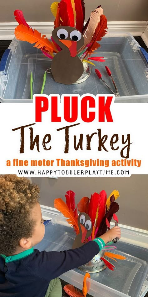 Pluck the turkey is a fun fine motor activity for Thanksgiving and an easy activity to set up for your toddler this holiday. November Lesson Plans, Thanksgiving Lesson Plans, Thanksgiving Activities Preschool, Thanksgiving Toddler, Thanksgiving Lessons, Thanksgiving Crafts Preschool, November Activities, Fall Preschool Activities, Fine Motor Activity