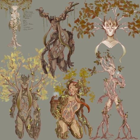 Tree People Concept Art, Rock Giant Concept Art, Humanoid Plant Concept Art, Dryad Concept Art, Tree Character Design Concept Art, Fae Creatures Art, Tree Monster Concept Art, Plant Alien Humanoid, Fae Concept Art