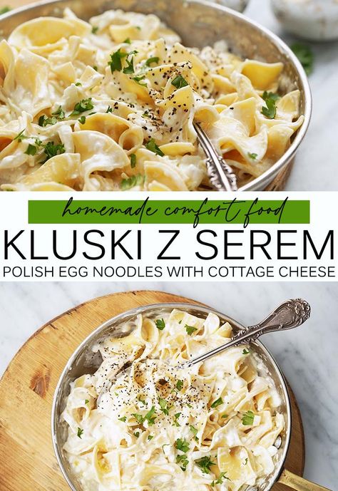 Kluski z Serem (Polish Pasta with Cottage Cheese Recipe) combines soft, fluffy egg noodles with buttery caramelized onion, cottage cheese, sour cream, salt, and black pepper for an easy comfort food meal that’s similar to macaroni and cheese. Haluski With Cottage Cheese, Polish Egg Noodles, Egg Noodles With Cottage Cheese, Cottage Cheese And Noodles Recipe, Cottage Cheese Noodle Casserole, Noodles And Cottage Cheese Recipes, Polish Noodles Cottage Cheese, Cottage Cheese And Pasta Recipes, Pasta And Cottage Cheese Recipe