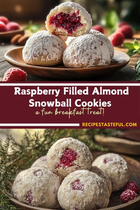 These Raspberry Filled Almond Snowball Cookies are a charming treat for any occasion. Featuring a buttery almond base with a sweet raspberry center, each bite is a delightful surprise. Rolled in powdered sugar for a snowy finish, they’re perfect for holiday gatherings, special events, or as a beautiful gift for loved ones. Delicious and elegant, these cookies are sure to impress! Raspberry Almond Snowball Cookies, Raspberry Snowball Cookies, Raspberry Filled Almond Snowball Cookies, Almond Snowball Cookies, Christmas Cookies Recipes, Raspberry Cookies, Raspberry Preserves, Raspberry Almond, Snowball Cookies