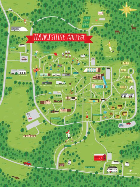 Illustrated campus map by Nate Padavick for Hampshire College College Map Design, Park Map Illustration, Farm Mural, Hampshire College, Map Brochures, Zoo Map, Venice Map, Project Architecture, Map Creator