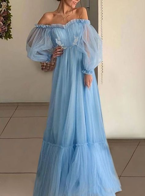 Prom Dresses Long Blue, Blue Party Dress, Gowns Prom, Dress Sleeve Styles, Long Evening Gowns, Prom Dresses With Sleeves, Prom Dresses Long With Sleeves, Tulle Prom Dress, Prom Dresses Blue