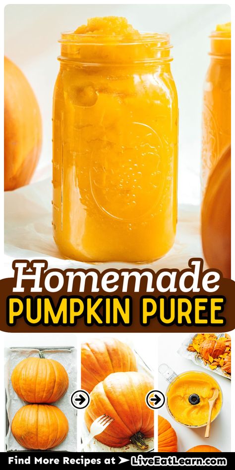 Photos show the steps of making pumpkin puree at home: Cutting and baking pumpkin, removing peel and adding it to the blender to puree it. The largest photo shows the finished pumpkin puree in a glass jar. Cooking Fresh Pumpkin For Pies, How To Make Homemade Pumpkin Puree, Bake A Pumpkin For Puree, How To Make Pumpkin Puree For Pie, Things To Make With Fresh Pumpkin, Preserving Pumpkin Puree, How To Bake Small Pumpkin, Making Pumpkin Puree From Scratch, How To Make Fresh Pumpkin Puree