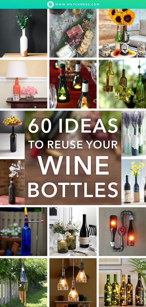 60 Ideas to Reuse Your Wine Bottles - Matchness.com Empty Wine Bottle Crafts, Wine Bottle Upcycle, Glass Bottle Diy Projects, Wine Bottle Tiki Torch, Wine Bottle Project, Liquor Bottle Crafts, Old Wine Bottles, Recycled Wine Bottles, Recycled Wine Bottle