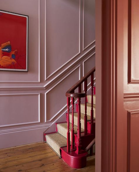 Home Entrance Aesthetic, 2 Tone Pink Walls, Red Hallway Aesthetic, Pink And Blue Hallway, Colourful Victorian House, Pink Skirting Boards, Burgundy Staircase, Pink And Red Interiors, Lilac Hallway