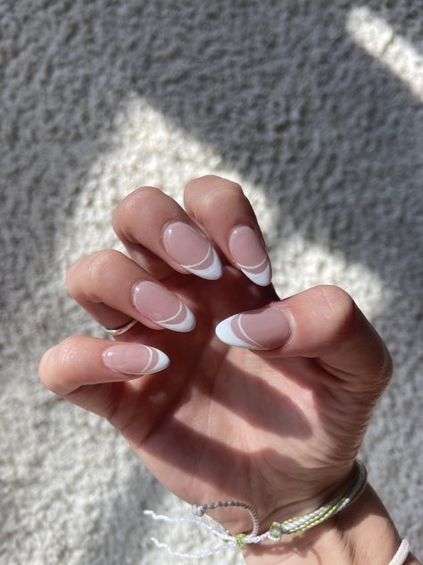 Sparkle White Tip Nails, Nails For White Dress Prom, French Tip W Line Under, French Nails Two Lines, White Line French Tip Nails, White French Tip Nails Double Line, French Tip Nails Lines, French With Line Under, French Tip Nails Two Lines