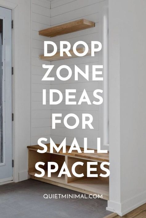 Small Hall Storage, Drop Off Zone Entryway Small Spaces, Small Entry Organization Ideas, Small Laundry Room Drop Zone, Small Hallway Mudroom Ideas, Shallow Drop Zone, Diy Drop Zone Small Spaces, Hall Organisation Ideas, Drop Space Ideas